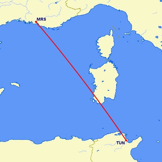 перелет Тунис — Марсель на карте