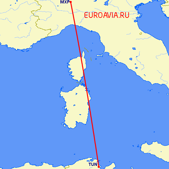 перелет Тунис — Милан на карте