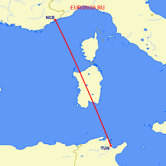 перелет Тунис — Ницца на карте