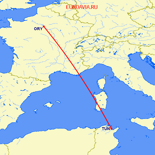 перелет Тунис — Париж на карте