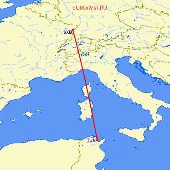 перелет Тунис — Страсбург на карте