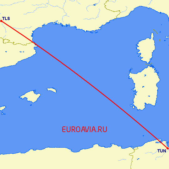 перелет Тунис — Тулуза на карте