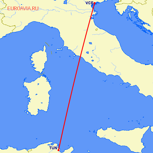перелет Тунис — Венеция на карте
