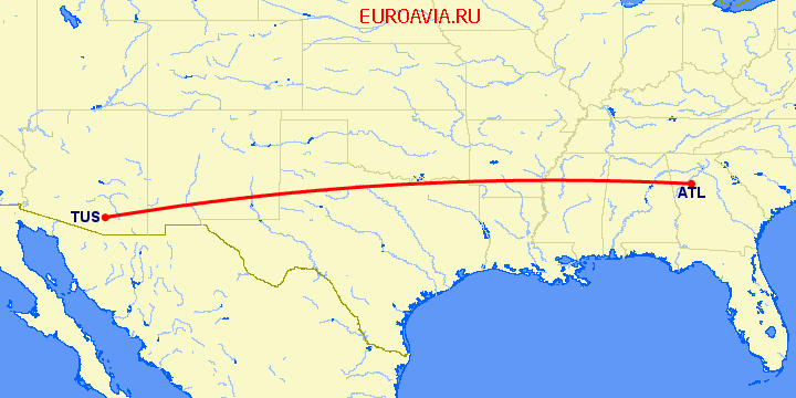 перелет Туксон — Атланта на карте