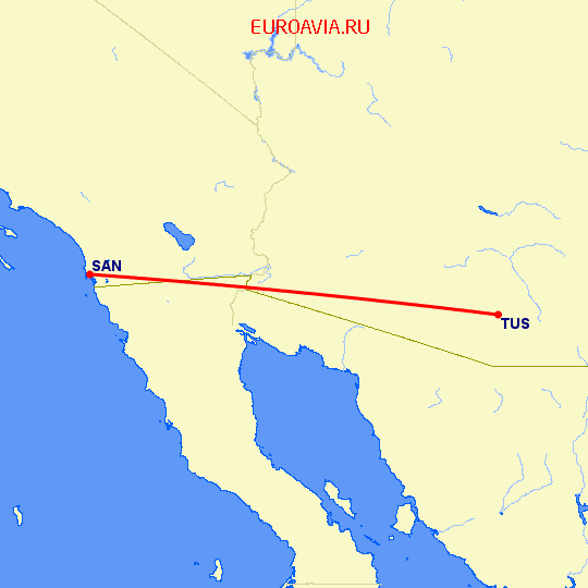 перелет Туксон — Сан Диего на карте