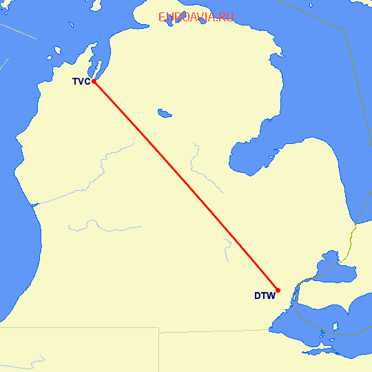 перелет Траверс — Детройт на карте