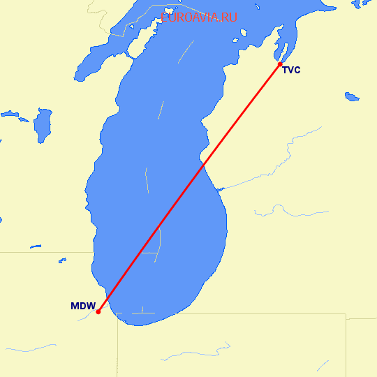 перелет Траверс — Чикаго на карте
