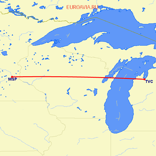 перелет Траверс — Миннеаполис на карте