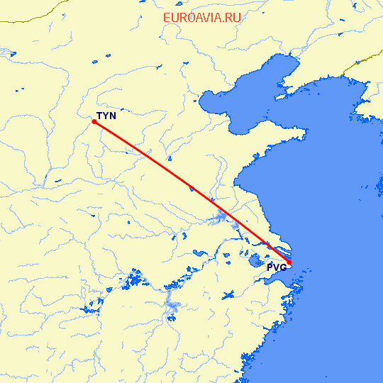 перелет Тайюань — Шанхай на карте