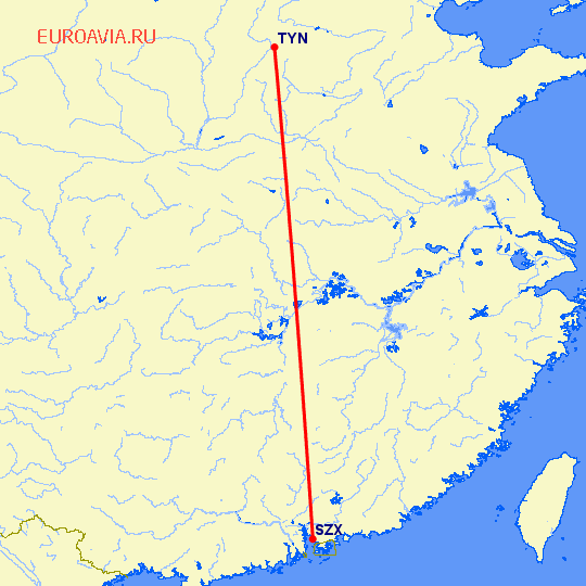 перелет Тайюань — Шэньчжэнь на карте