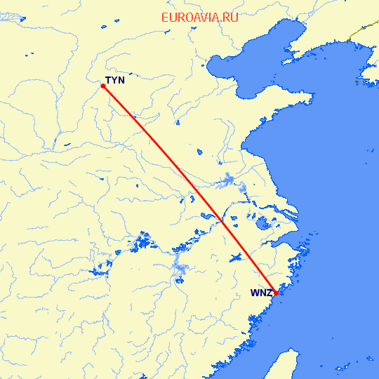 перелет Тайюань — Венчжоу на карте