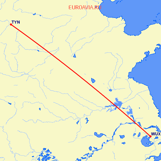 перелет Тайюань — Вуси на карте