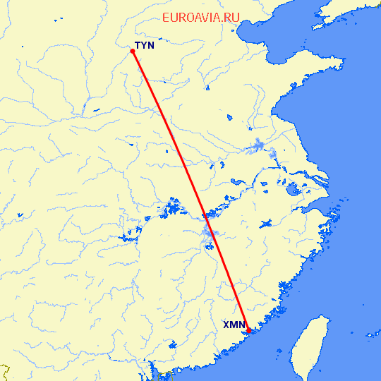 перелет Тайюань — Сямэнь на карте