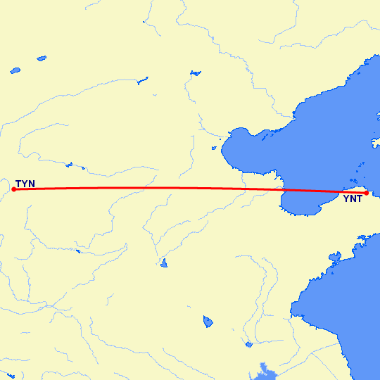 перелет Тайюань — Янтай на карте