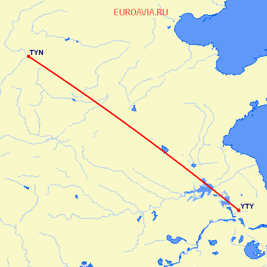 перелет Тайюань — Янчжоу на карте