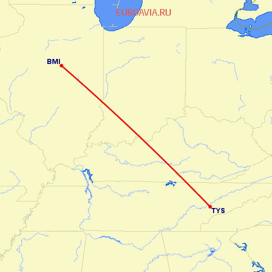 перелет Ноксвилл — Bloomington-Normal на карте