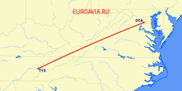 перелет Ноксвилл — Вашингтон на карте