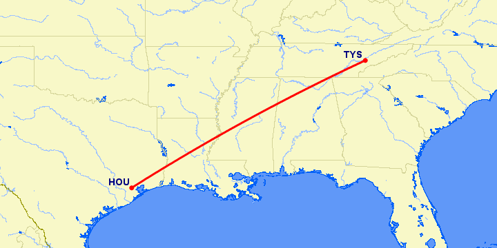 перелет Ноксвилл — Хьюстон на карте