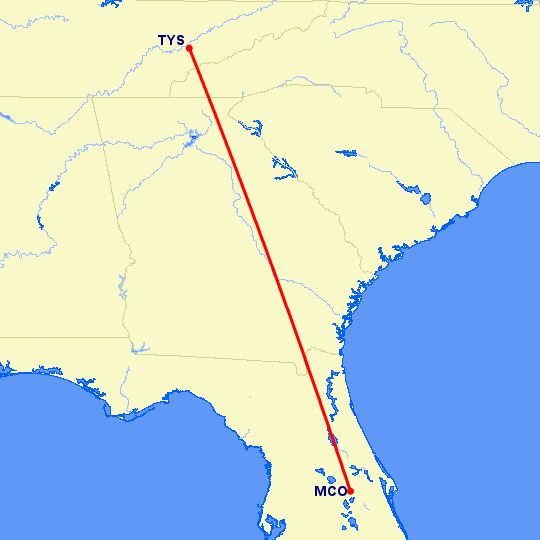 перелет Ноксвилл — Орландо на карте