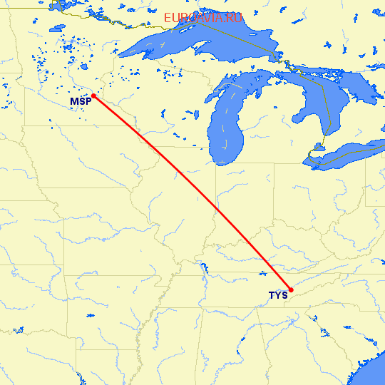 перелет Ноксвилл — Миннеаполис на карте