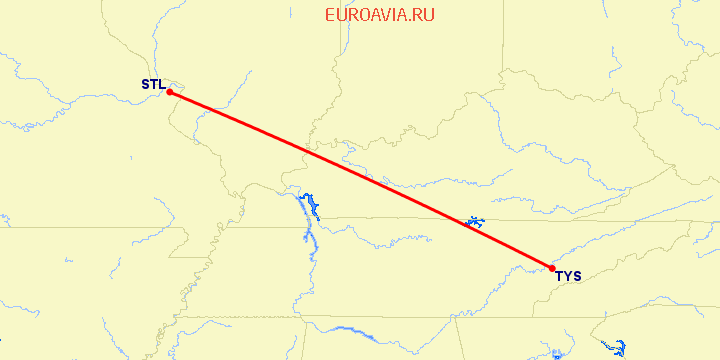 перелет Ноксвилл — Сент Луис на карте