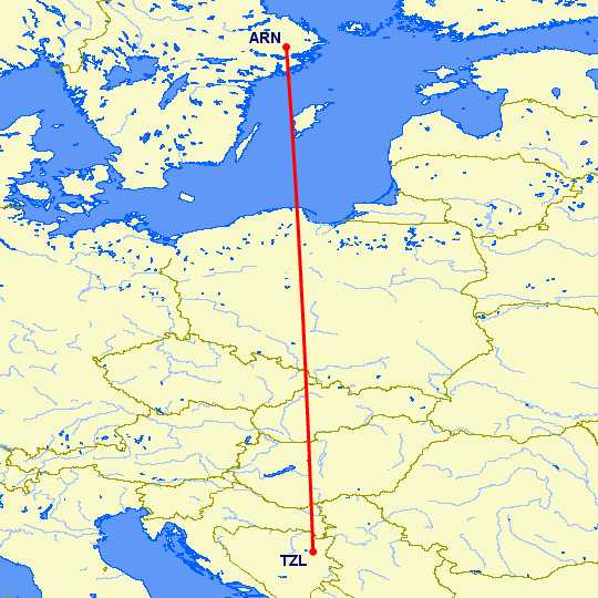 перелет Тузла — Стокгольм на карте