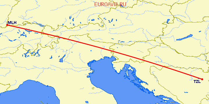 перелет Тузла — Базель Мюлуз на карте