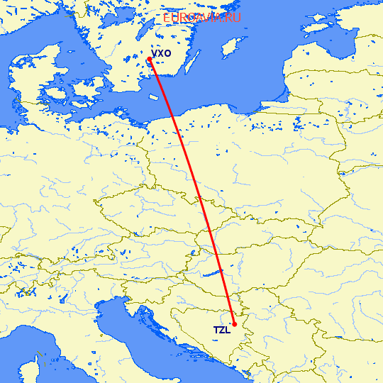 перелет Тузла — Vaxjo на карте