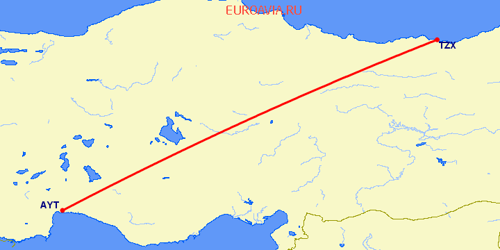 перелет Трабзон — Анталия на карте