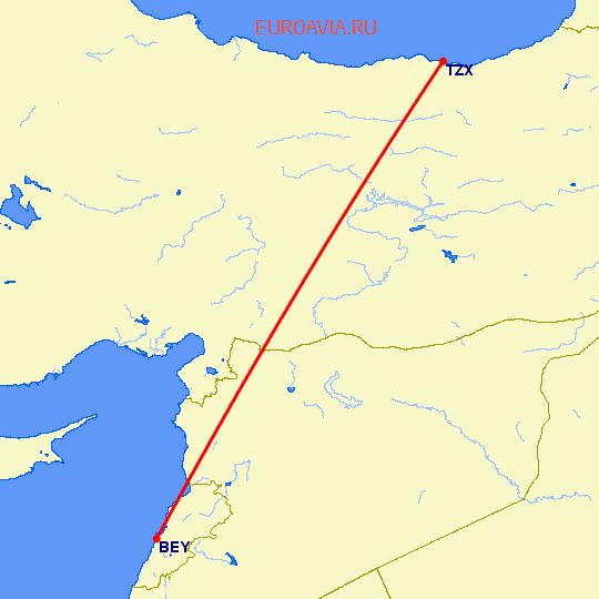перелет Трабзон — Бейрут на карте