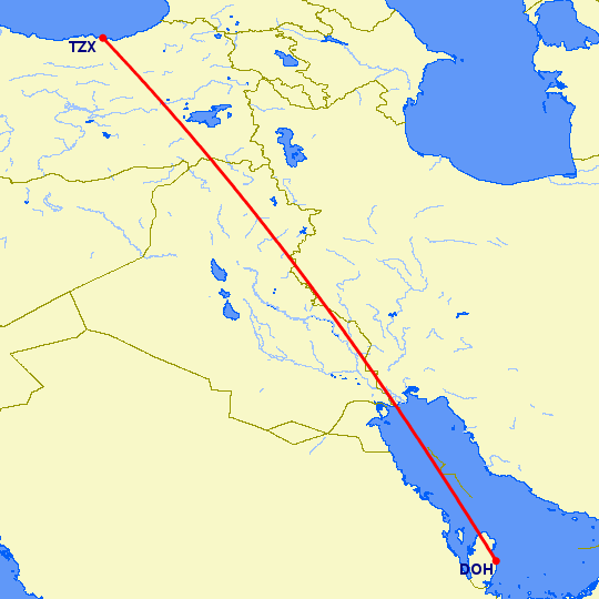 перелет Трабзон — Доха на карте