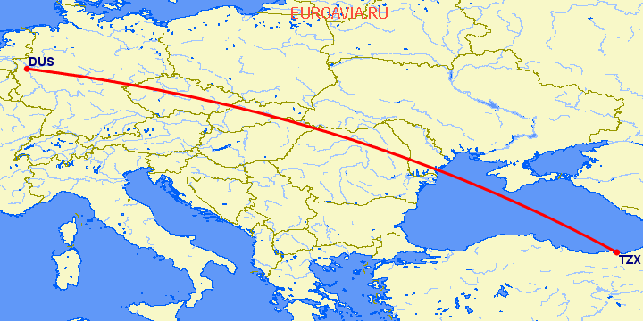 перелет Трабзон — Дюссельдорф на карте
