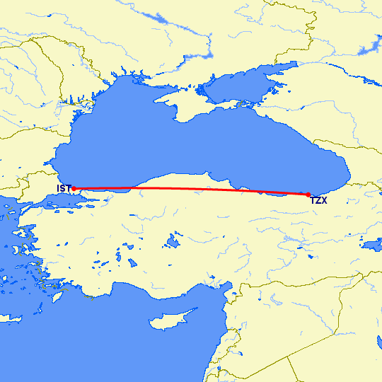перелет Трабзон — Стамбул на карте