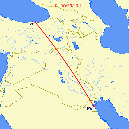 перелет Трабзон — Кувейт на карте
