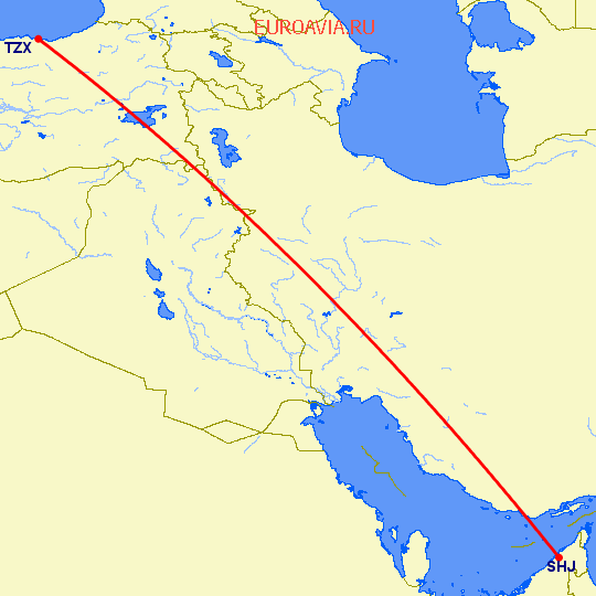 перелет Трабзон — Шарджа на карте