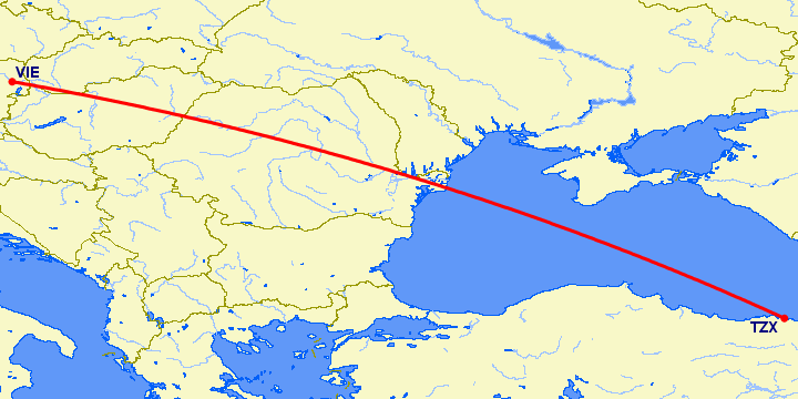 перелет Трабзон — Вена на карте
