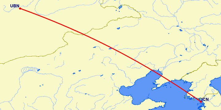 перелет Улан Батор — Сеул на карте