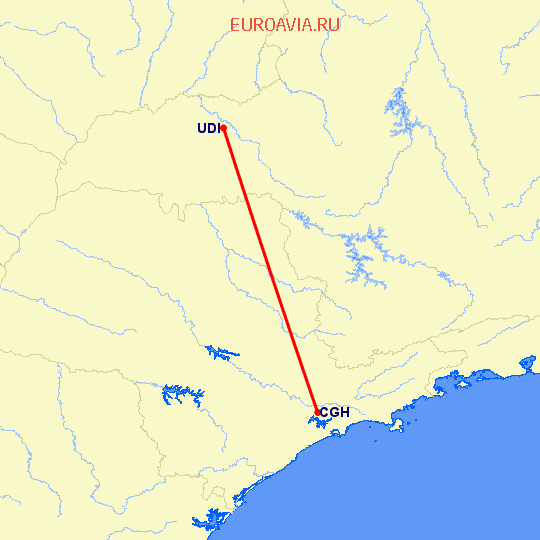 перелет Uberlandia — Сан Паулу на карте