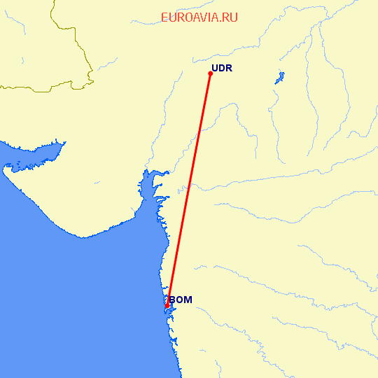 перелет Удайпур — Бомбей на карте