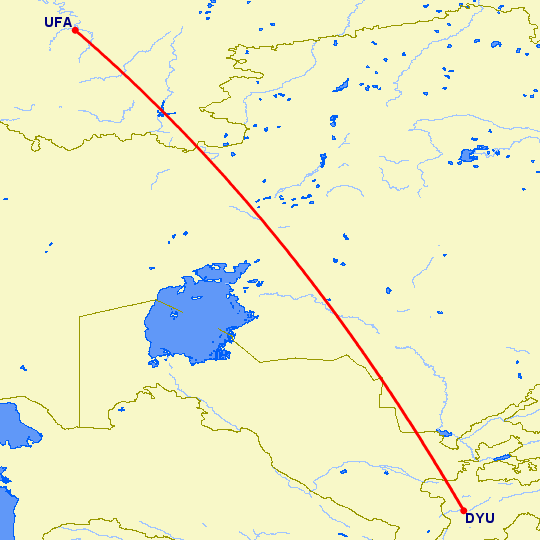 перелет Уфа — Душанбе на карте