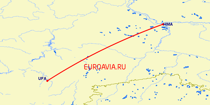 перелет Уфа — Ханты Мансийск на карте