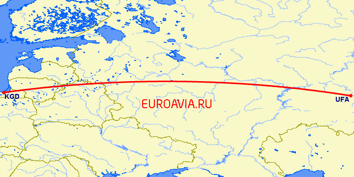 перелет Уфа — Калининград на карте