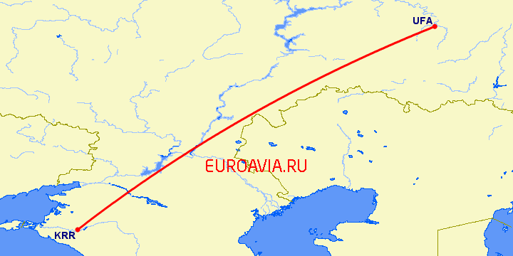 перелет Уфа — Краснодар на карте