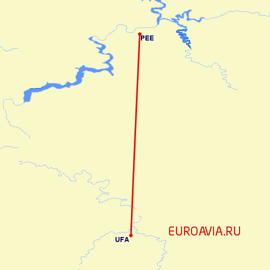 перелет Уфа — Пермь на карте