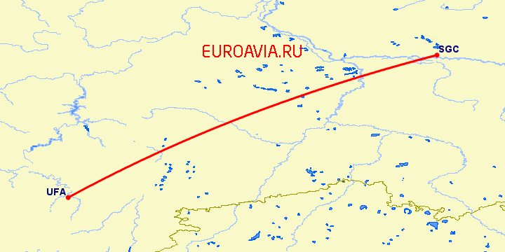 перелет Уфа — Сургут на карте