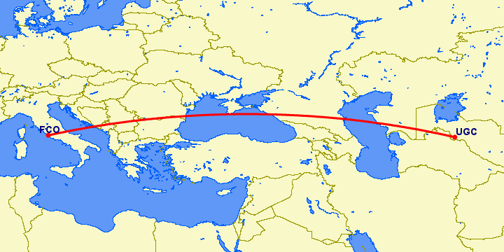 перелет Ургенч — Рим на карте