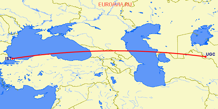 перелет Ургенч — Стамбул на карте