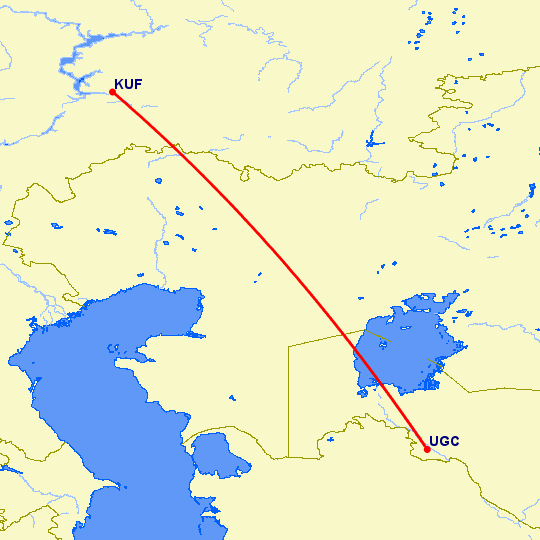 перелет Ургенч — Самара на карте
