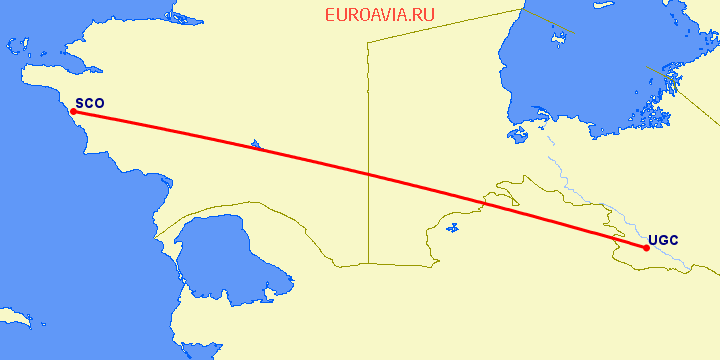 перелет Ургенч — Актау на карте