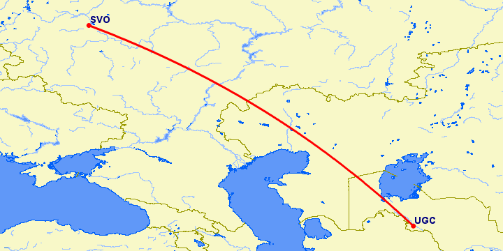перелет Ургенч — Москва на карте